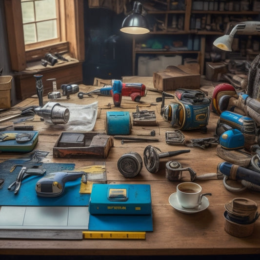 A cluttered but organized workshop table with various toolboxes, a cordless drill, a level, a tape measure, and a few scattered renovation plans, surrounded by DIY books and a cup of coffee.