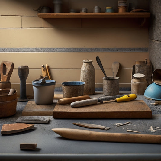 A tidy workshop backdrop with a variety of trowels laid out on a wooden table, surrounded by scattered renovation materials like tiles, grout, and mortar, with a subtle hint of a renovation project in the background.