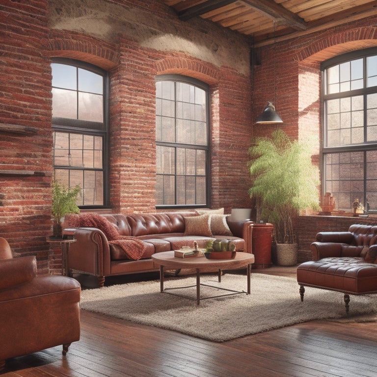 A warm and inviting living room with exposed brick walls, wooden beams, and large windows, featuring a mix of insulation materials like fiberglass batts, spray foam, and reflective insulation.