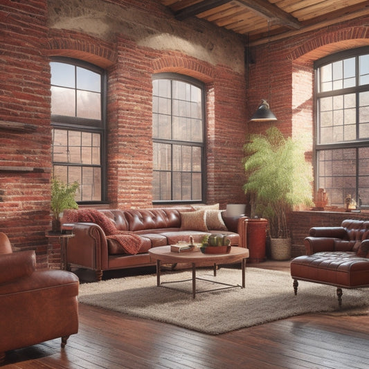 A warm and inviting living room with exposed brick walls, wooden beams, and large windows, featuring a mix of insulation materials like fiberglass batts, spray foam, and reflective insulation.