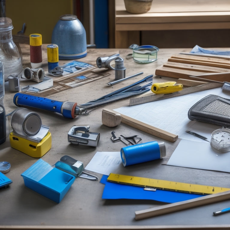 A cluttered workshop table with various measuring and leveling tools scattered around, including a tape measure, level, stud finder, and plumb line, amidst scattered blueprints and DIY renovation guides.
