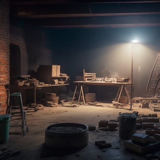A dusty, dimly lit construction site with a partially demolished wall, surrounded by scattered bricks and tools, featuring a prominent, well-lit, and organized workstation with various forming equipment in the background.