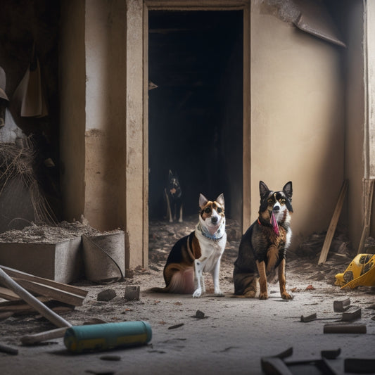 A messy renovation site with power tools, ladders, and construction materials scattered around, while a curious cat and dog peek out from behind a partially demolished wall, amidst dust and debris.