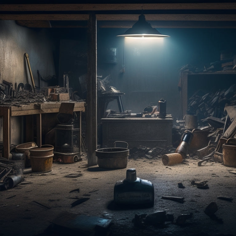 A cluttered, dimly lit garage with various demolition tools scattered about, including a jackhammer, sledgehammer, and pry bars, surrounded by broken concrete and wooden debris.