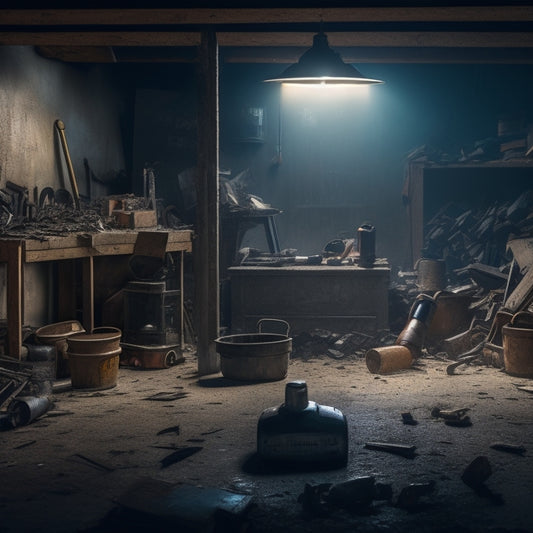 A cluttered, dimly lit garage with various demolition tools scattered about, including a jackhammer, sledgehammer, and pry bars, surrounded by broken concrete and wooden debris.
