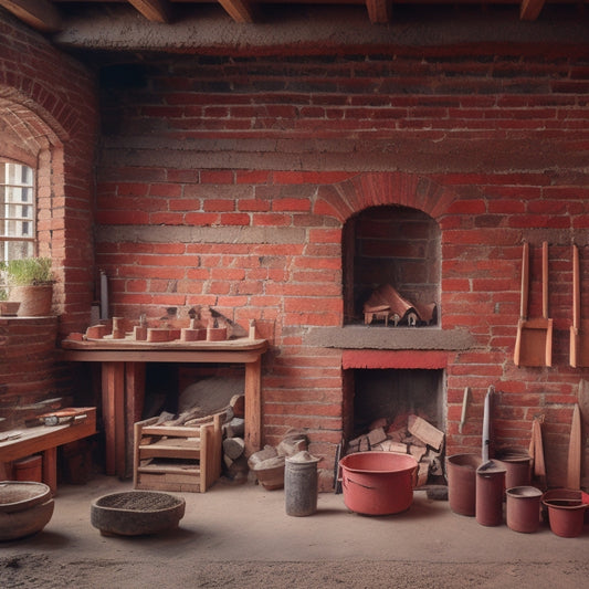 A tidy workshop with rows of neatly organized masonry tools and materials, including trowels, levels, and bricks, with a few partially built brick walls and a half-finished fireplace in the background.