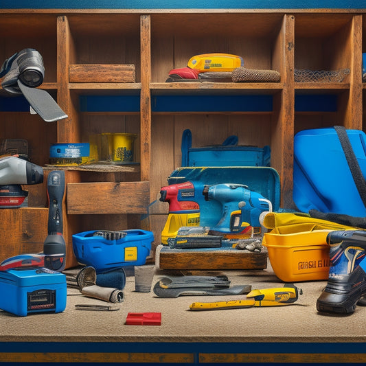 A clutter-free workshop background with a variety of mixing tools, including a cordless drill, hammer, and trowel, surrounded by safety gear like goggles, gloves, and a first-aid kit.