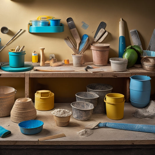 An organized workspace with various budget-friendly plastering materials, including lime-based putty, perlite, and cement, arranged alongside renovation tools like trowels, buckets, and mixing sticks.