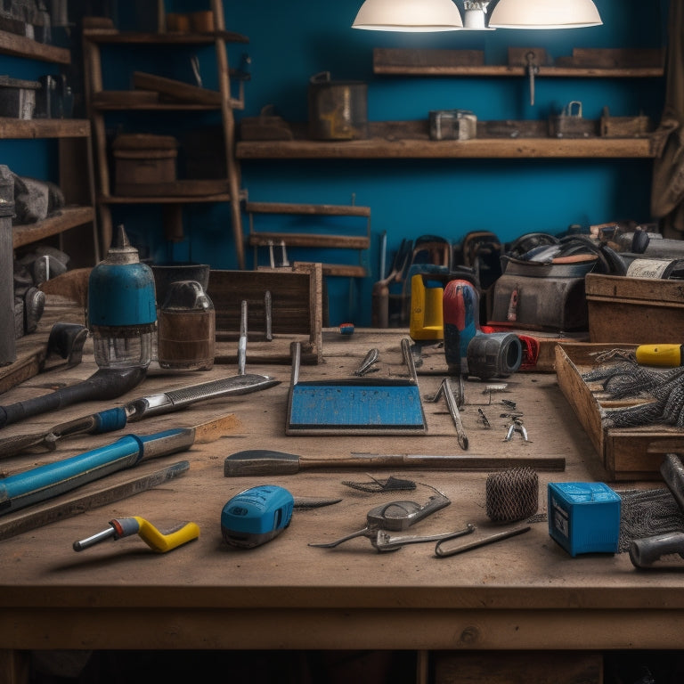 A cluttered yet organized workshop with a variety of renovation tools, including a drill, level, wrench, and tape measure, surrounded by half-finished DIY projects and scattered blueprints.