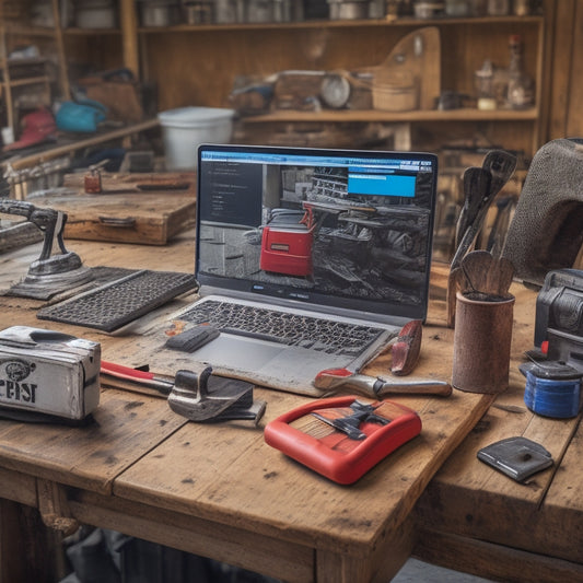 A cluttered workshop background with a laptop open on a workbench, surrounded by various renovation tools, with a red "shopping cart" icon on the laptop screen, and a magnifying glass hovering over it.