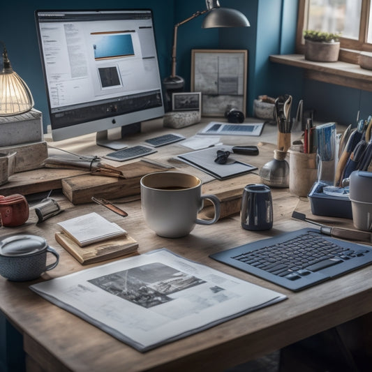 A cluttered home renovation workspace with scattered blueprints, tools, and materials, next to a tidy laptop with a organized digital dashboard and a cup of coffee, surrounded by a subtle background of a renovated room.