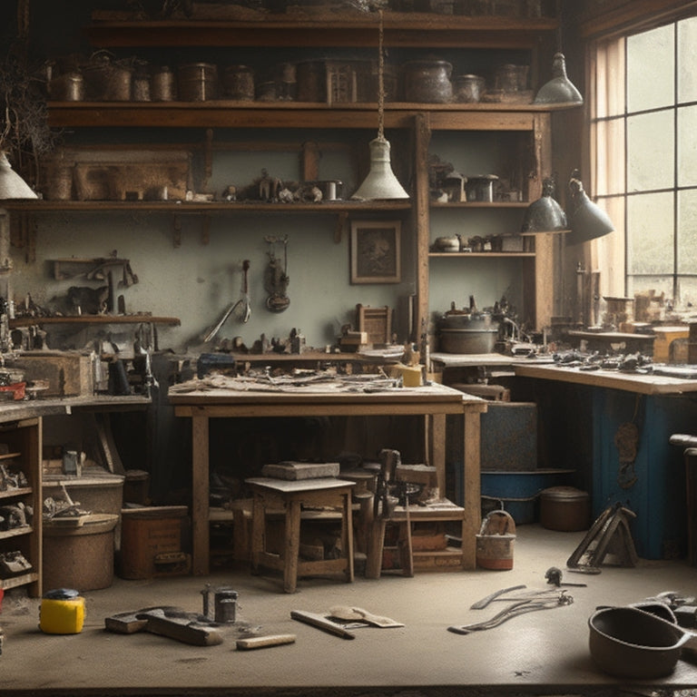 A cluttered workshop with a variety of tools and equipment scattered on a workbench, shelves, and floor, with a faint blueprint of a house in the background, surrounded by measuring tapes and paint swatches.