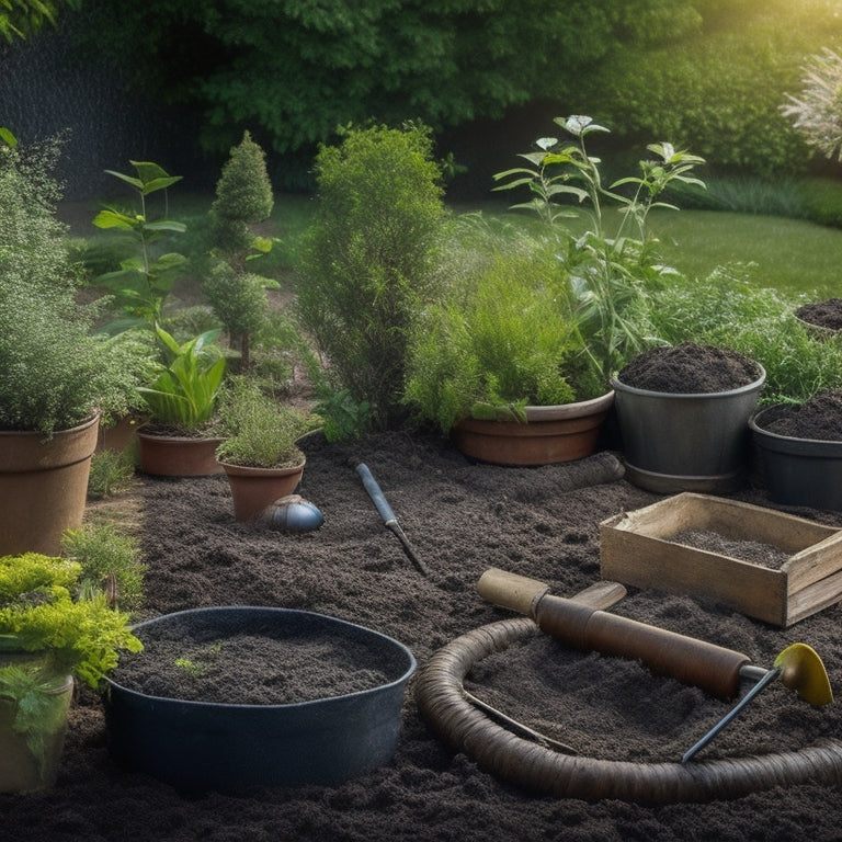 A serene garden bed renovation scene: a tidy pile of dark brown soil, a few scattered seedlings, and a selection of compacting tools, including a tamper, roller, and plate compactor, amidst a backdrop of lush greenery.