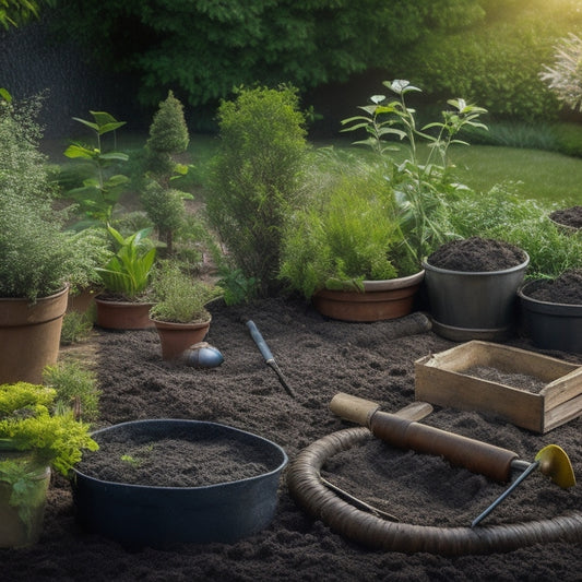 A serene garden bed renovation scene: a tidy pile of dark brown soil, a few scattered seedlings, and a selection of compacting tools, including a tamper, roller, and plate compactor, amidst a backdrop of lush greenery.