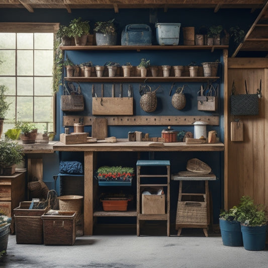 A tidy workshop with a pegboard covered in hanging baskets, bins, and hooks, surrounded by stacked wooden crates, a wooden workbench, and a rolling tool chest with open drawers.