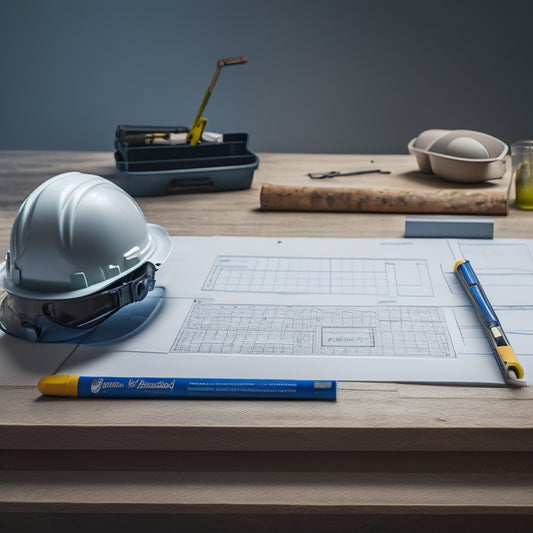 A large, blank clipboard with a pen lying next to it, surrounded by scattered tools, blueprints, and a mini hard hat, set against a subtle background of a half-renovated room.