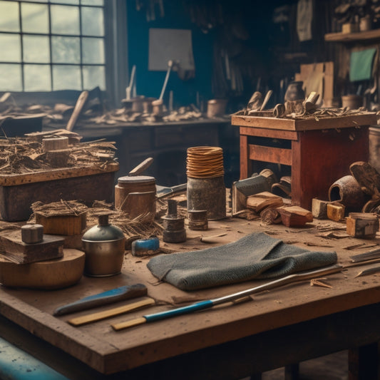 A cluttered workshop table with a mix of old and new chisels, hammers, and wooden handles, surrounded by wood shavings, scattered tools, and a faint hint of sawdust in the air.