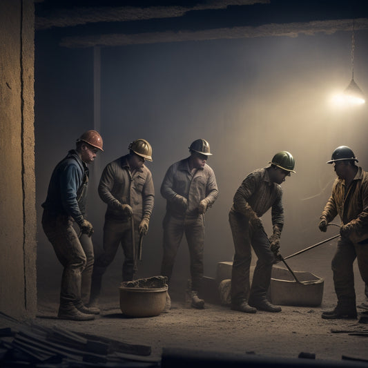 An image depicting a dusty, dimly lit construction site with a worn, splintered wall in the background and three different plastering hammers with varying handle lengths and head shapes in the foreground.