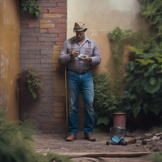 An illustration of a person holding a tape measure, standing in front of a dilapidated exterior wall with cracked bricks, peeling paint, and overgrown vegetation, surrounded by renovation tools and materials.