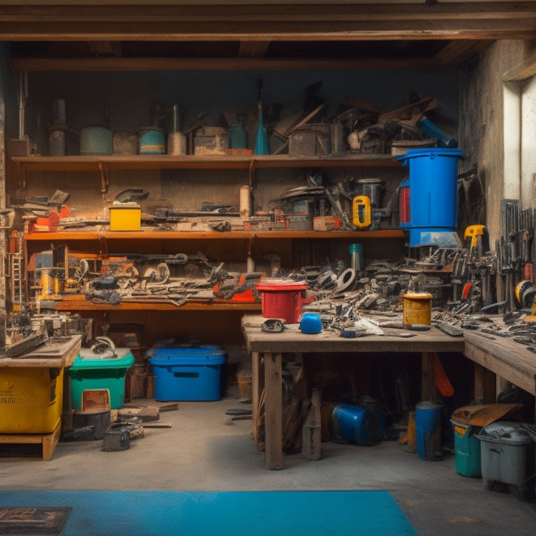 A cluttered workshop with various used power tools on shelves and in bins, surrounded by renovation materials like plywood, pipes, and paint cans, with a subtle background of a half-renovated room.