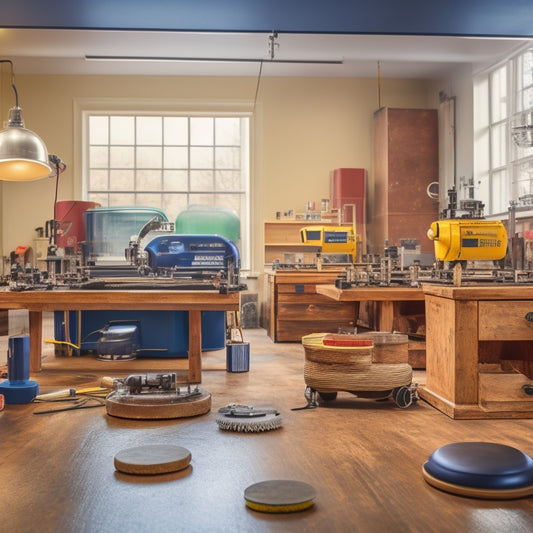 A well-organized workshop with various polishing machines on shelves, a renovated room in the background with a sparkling wooden floor, and a few polishing pads and tools scattered around.