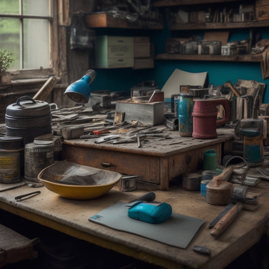 A cluttered workbench with a mix of worn, rusty, and new renovation tools, surrounded by scattered DIY books, paint swatches, and a partially completed renovation project in the background.