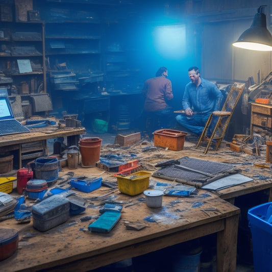 A messy workshop with scattered tools, a calculator, and blueprints in the background, with a person in the foreground holding a tablet and pencil, surrounded by toolboxes and a ladder.