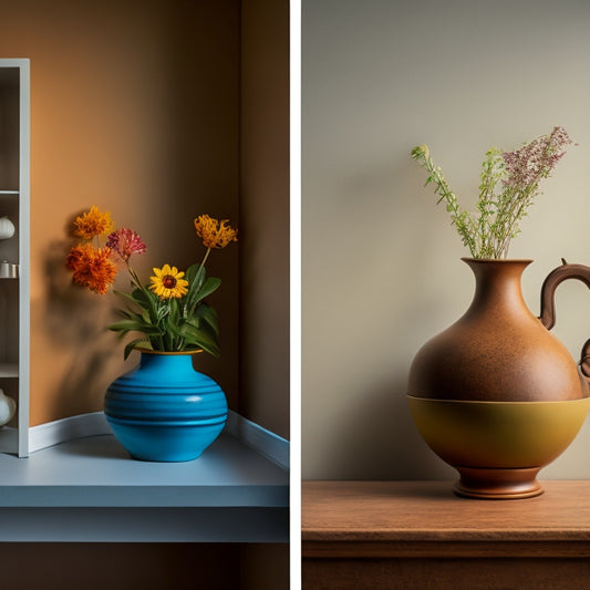 A split-screen image: a crooked, uneven shelf on a wall with a vase teetering on the edge, versus a level, perfectly aligned shelf with a vase standing confidently upright.