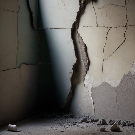 A cracked and peeling wall with a torn and detached tile, surrounded by scattered dust and debris, with a faint outline of a failed adhesive residue in the background.