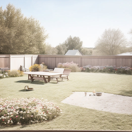 A serene suburban backyard with a torn-up lawn, scattered construction materials, and a half-dug hole, surrounded by blooming flowers and a forgotten picnic table, under a partly cloudy sky.