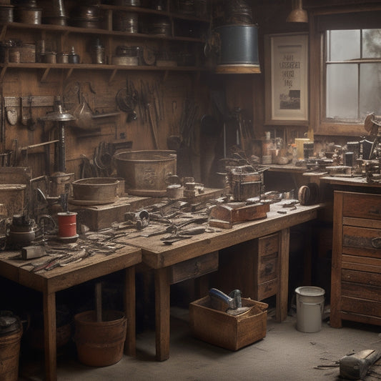 A cluttered workshop with various DIY tools scattered around a central workstation, featuring a half-finished wooden cabinet project, surrounded by measuring tapes, hammers, and power drills.