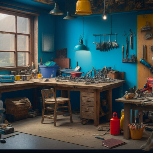 A messy, cluttered workshop background with various drill bits scattered on a workbench, a few drills lying nearby, and a partially renovated room with exposed walls and flooring in the blurred background.