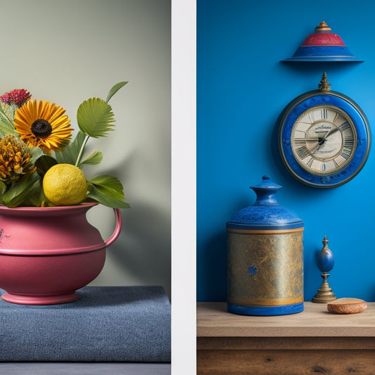A split-screen image: a clock ticking in the foreground, with a freshly applied coat of paint on a wall in the background, compared to a dried and finished wall with a vase and decorative items.