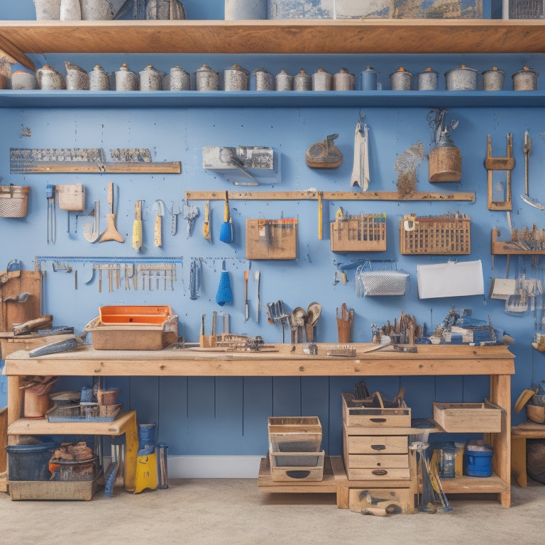 A clutter-free workshop with a wooden workbench, surrounded by neatly organized toolboxes, rolls of blueprints, and a pegboard with hanging tools, set against a clean, white background.