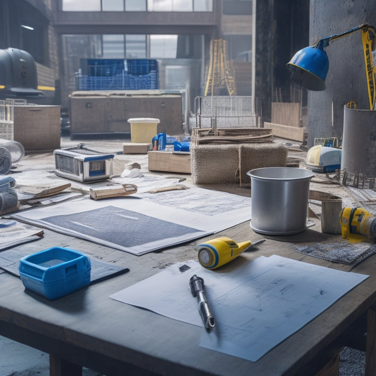A messy construction site with scattered blueprints, tools, and building materials, contrasted with a clean and organized workspace in the background, featuring a laptop and a well-structured renovation plan.