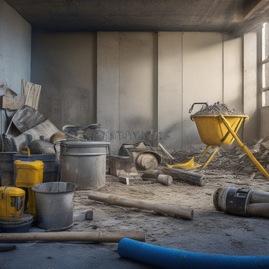 A messy construction site with a partially demolished concrete wall in the background, surrounded by scattered power tools, metal rebars, and a bucket of concrete mixture.