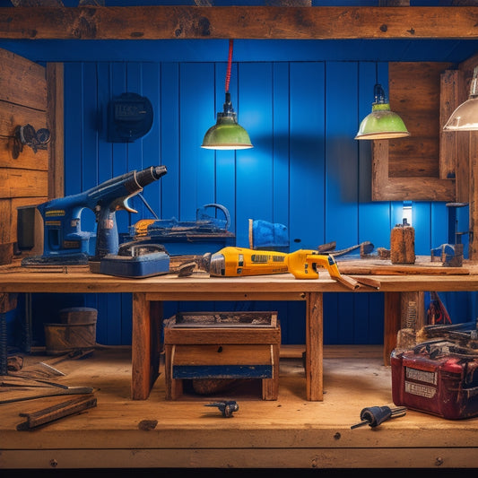 A well-lit workshop with various electric bits and tools, including a cordless drill, impact driver, and rotary hammer, arranged on a wooden workbench amidst renovation materials like drywall and lumber.