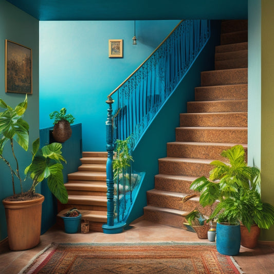 A split-level room featuring a staircase with distressed, turquoise-blue stamped concrete steps, adjacent to a living area with a warm, earthy-toned, leaf-patterned stamped paint finish on the walls.