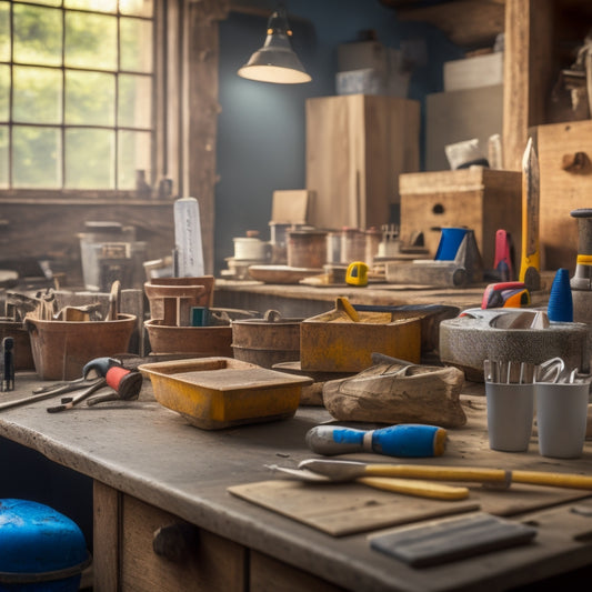 A cluttered workbench with various pointing trowels of different sizes and materials, surrounded by scattered renovation tools and half-completed projects, with a blurred background of a home under construction.