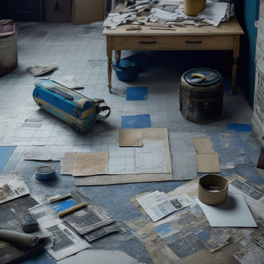 A cluttered room with scattered floor tiles, tools, and measuring tapes, surrounded by torn-out flooring, with a blueprint or sketch of a floor plan on a clipboard in the center.