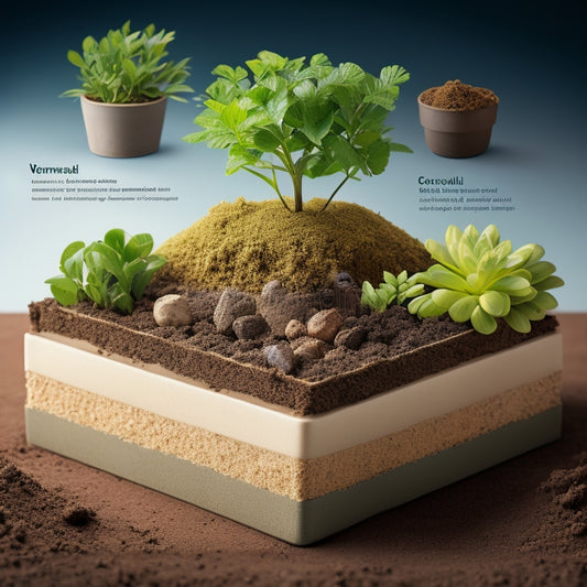 An illustration depicting a split-level planter, with a thriving green plant on top, and a cross-section of the soil below, showcasing different layers of organic matter, perlite, and vermiculite.