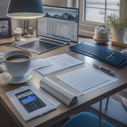 A tidy, modern desk with a MacBook, a cup of coffee, and a stack of blueprints or architectural drawings, surrounded by scattered cost estimates and receipts, with a calculator in the center.
