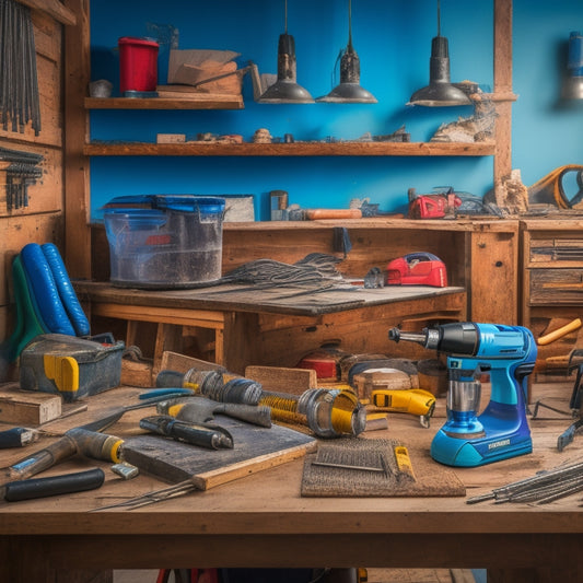 A cluttered home renovation workspace with various mixers in the foreground, including a cordless drill, impact driver, and rotary hammer, surrounded by tools, wires, and building materials.