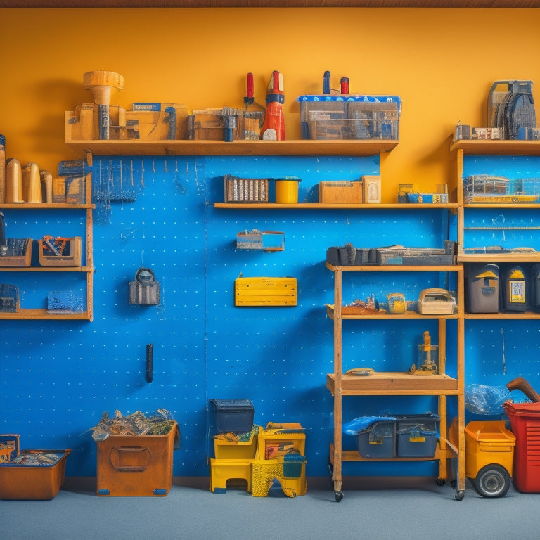 A cluttered block wall renovation site with scattered power tools, transformed into an organized space with tools hung on pegboards, stored in labeled bins, and placed on a rolling cart with built-in charging stations.