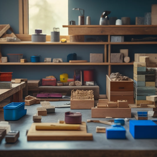 A neatly organized workspace with various types of blocks, including concrete, wooden, and insulated blocks, arranged on a wooden table or shelf, with a subtle background of a renovation site or a blueprint.