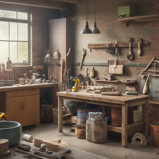 A messy but organized home renovation workspace with a wooden workbench, various power tools, and scattered renovation materials like bricks, pipes, and lumber, amidst a backdrop of a half-painted wall.