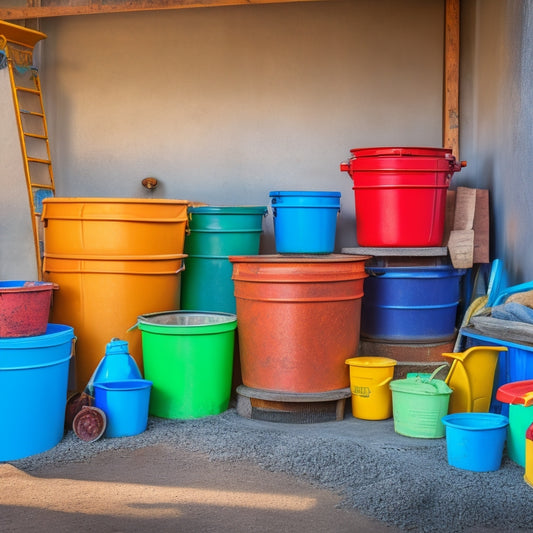 A cluttered construction site with various buckets of different sizes (5-gallon, 3-gallon, 2-gallon, and 1-gallon) arranged in a staggered formation, surrounded by scattered tools and renovation materials.