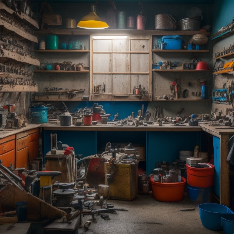 A cluttered workshop with a mix of old and new tools scattered around, with a few tools highlighted in bright colors, and a faint outline of a person in the background, surrounded by toolboxes and shelves.