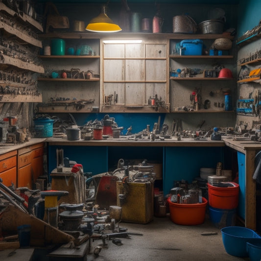 A cluttered workshop with a mix of old and new tools scattered around, with a few tools highlighted in bright colors, and a faint outline of a person in the background, surrounded by toolboxes and shelves.