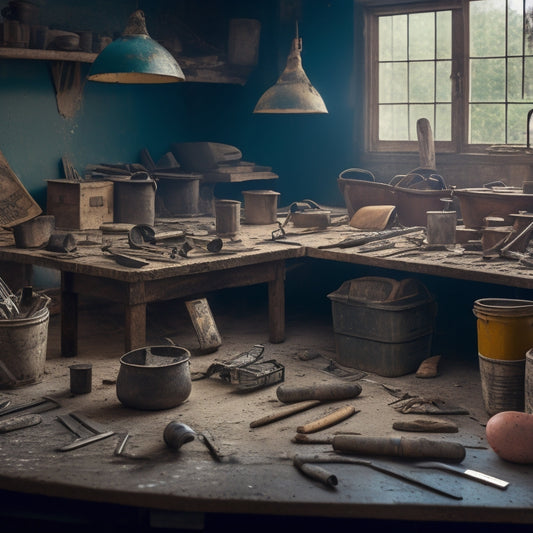 A cluttered workshop table with various trowels and floats of different sizes, materials, and shapes, surrounded by renovation tools and scattered debris, with a faint background of a partially renovated room.